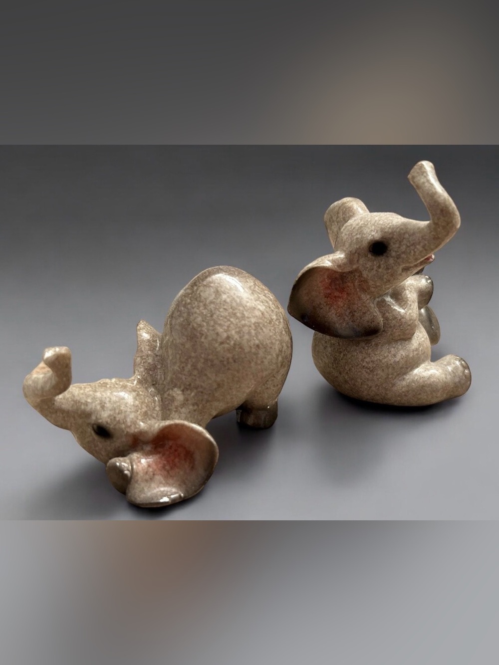 Pair Of Elephant Figurines Trunk Up  Gray Splatter Glaze 3”
